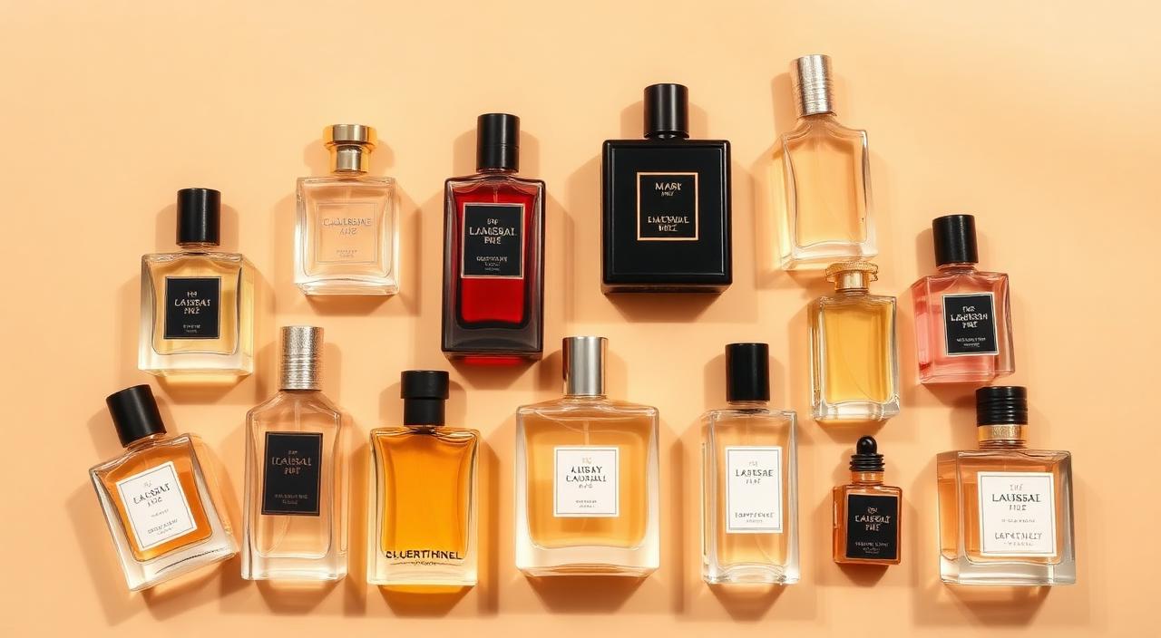 Curated flat lay of perfume bottles in warm tones