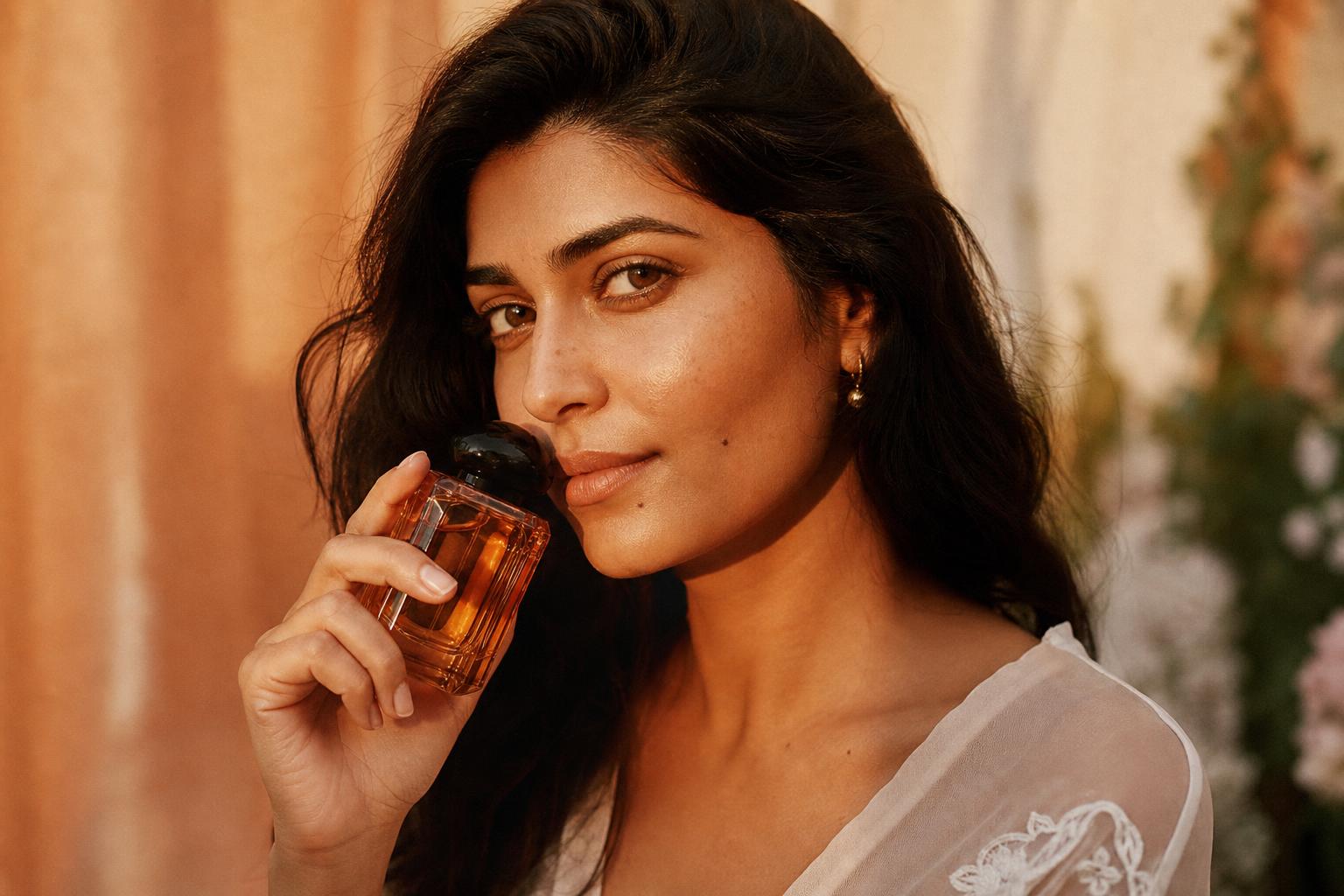 Woman holding a premium perfume bottle — curated fragrances delivered across Pakistan
